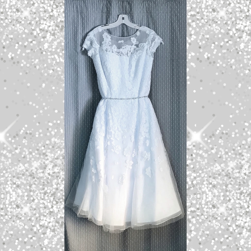 Oleg Cassini David's Bridal Tea Length Ivory Wedding Gown Size 20W